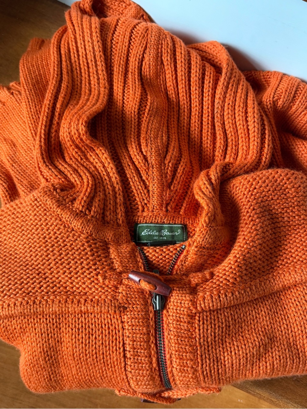 Eddie Bauer Bright Orange Knit Zip-Up Hooded Sweater XL